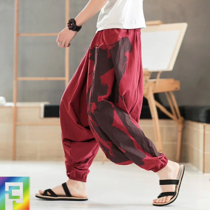 Мужские штаны для йоги льняные свободные широкие в паховой области мужские