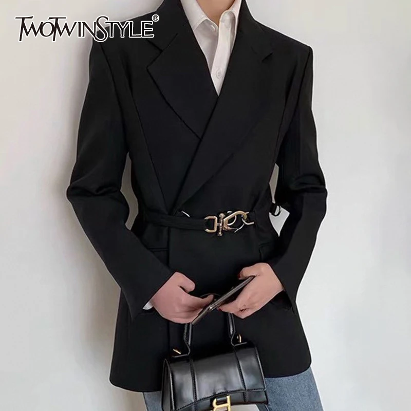 

TWOTWINSTYLE Temperament Patchwork Sashes Blazer For Women Notched Long Sleeve Casual Solid Blazers Female Fashion New Spring