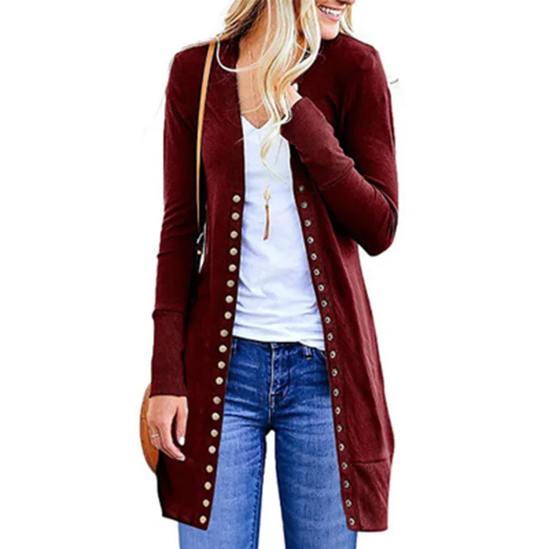 

2021 Fall Hot Sale Fashion Mid-length Button Solid Color Cardigan Women's coat
