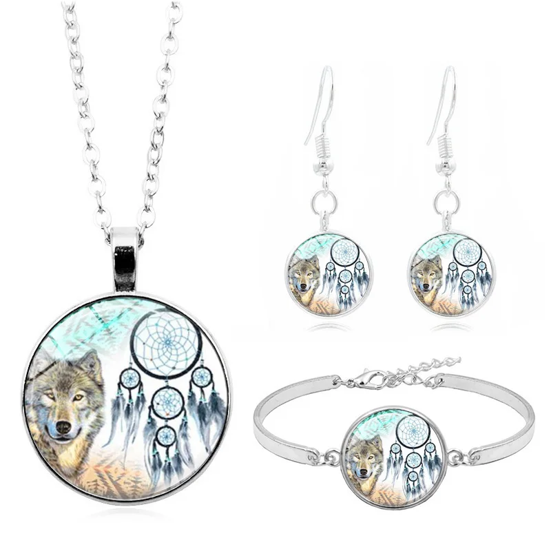 

Dreamcatcher Wolf Photo Glass Cabochon Fashion Jewelry Set Necklace Bracelet Earring Jewelry Sets for Women