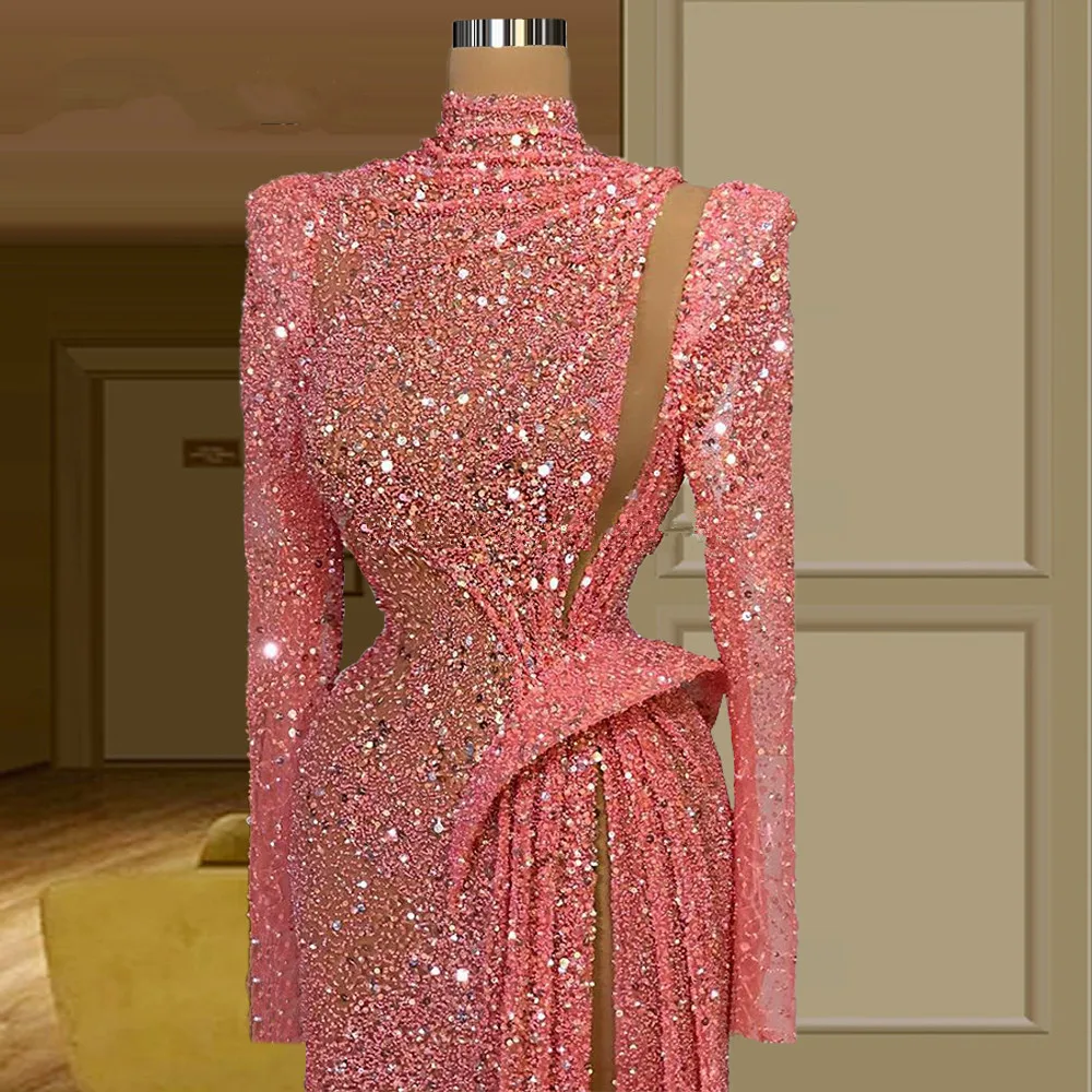 Heavy Beading 2020 Prom Dresses Plus Size High Neck Red Carpet Dress Feathers Pink Long Sleeve Evening Gowns Vestidos De Festa