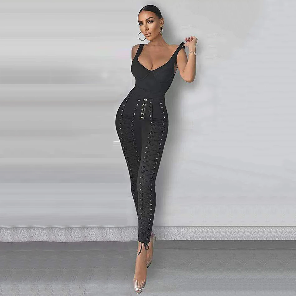 NEW Women Sexy V Neck Laced Black White Bandage Jumpsuit 2022 Bodycon High Street Celebrity Skinny Jumpsuit Rompers