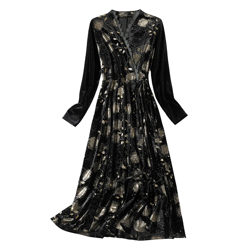 

2021 Autumn Casual 4XL Plus Size Midi Sequins Dresses Winter Vintage Lace Gold Velvet Dresses Women Bodycon Party Night Vestidos