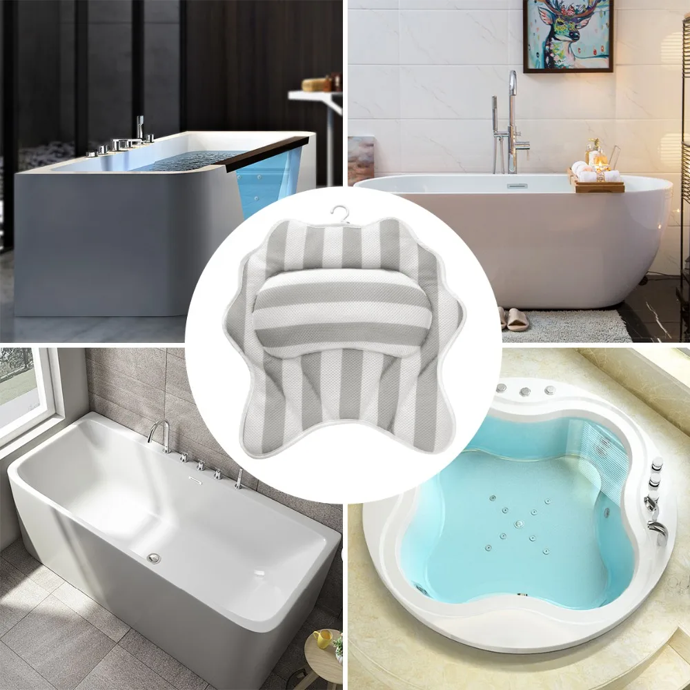 Bathroom Pillow Neck Support Anti-Slip Belt 6 Powerful Suction Cups 3D Mesh Mold Design Bath Pillows Waterproof and Quick Dry