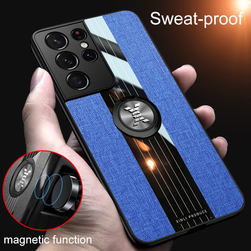 

Phone Case For Samsung Galaxy Note S20 20 S21 FE Ultra Plus Fashion Invisible Finger Ring Holder Cloth Pattern Protection Cover