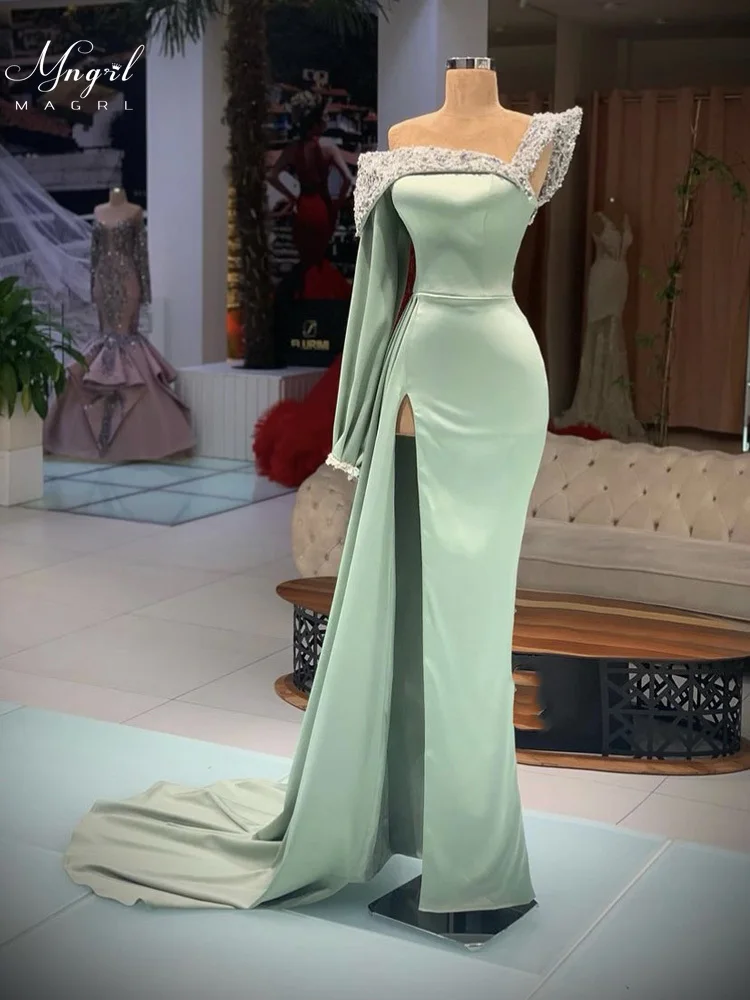 

MNGRL Luxury Evening Dress One-shoulder Long Sleeves Hand-applied Diamonds Glittering 2021 New Evening Dress Party Dress