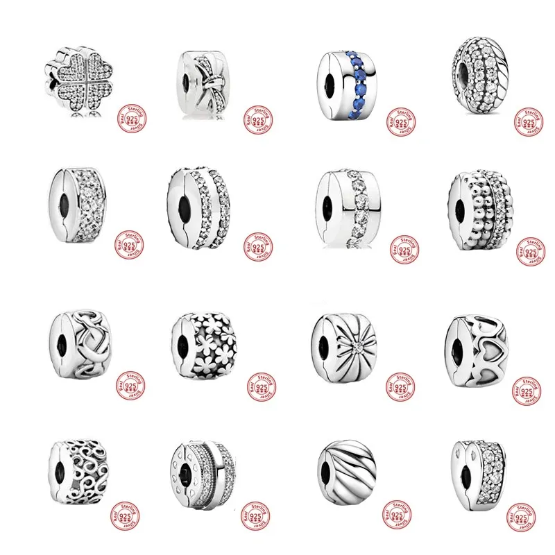 

2021 New Clover Flowers Transparent Zircon Clip Beads Fit Original Pandora Charms Bracelet Women DIY 925 Sterling Silver Jewelry