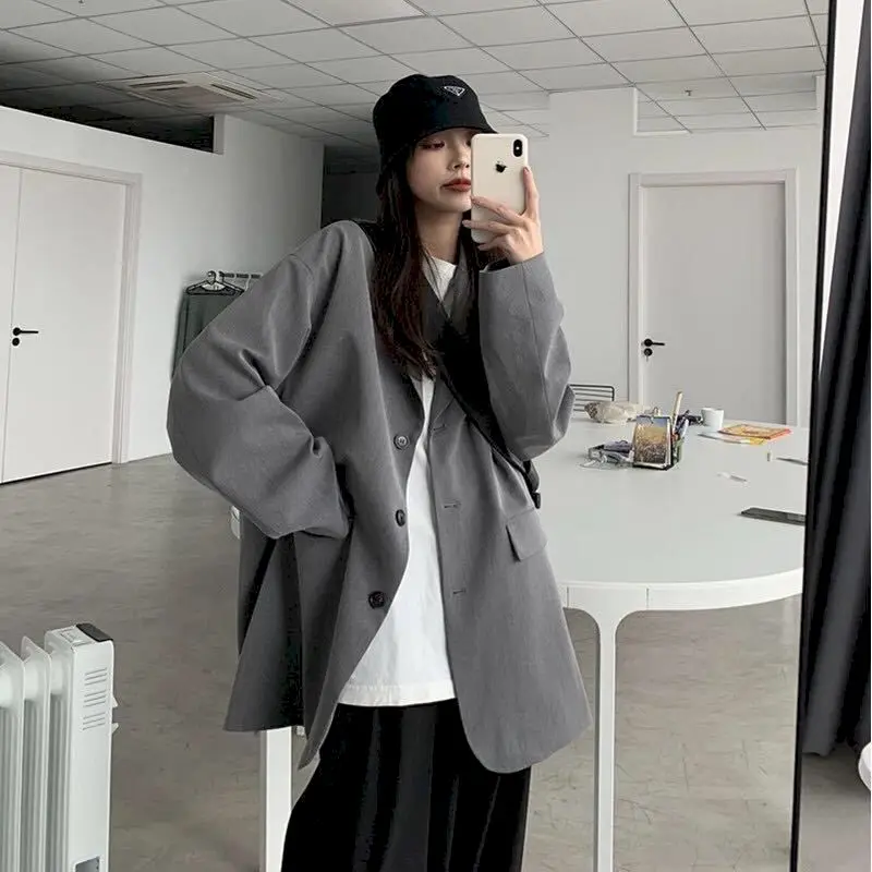 

Blazer jacket casual female gray elegant jackets spring autumn Korean loose vintage Chic women baggy tops aesthetic clothes