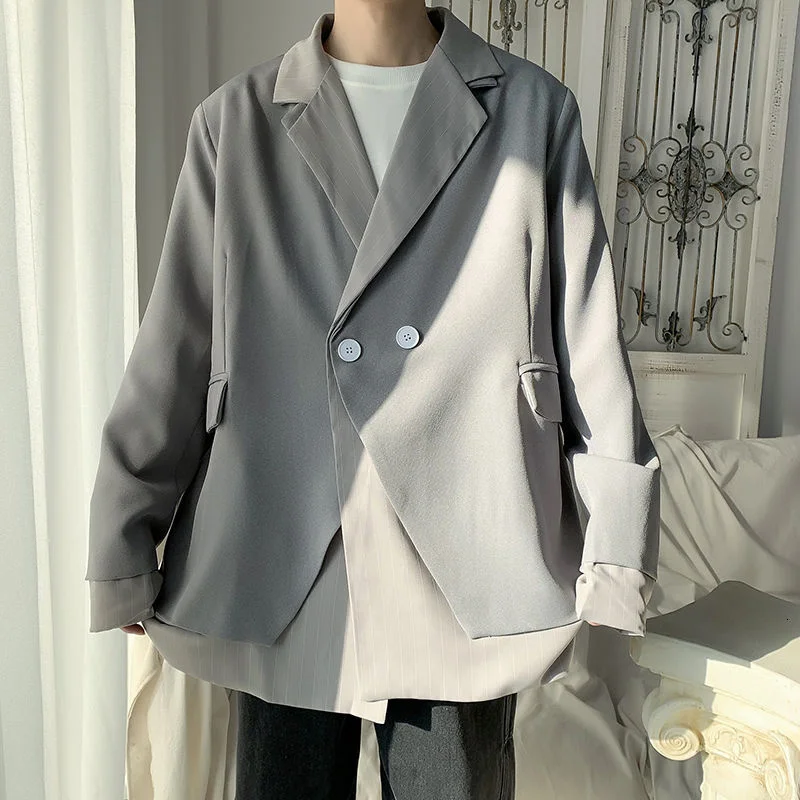 

IEFB Men's Blazer Lapel 2021 Autumn New Loose Fake Two Piece Single Breasted Black Gray Casual Suit Simple Retro Ins Streetwear