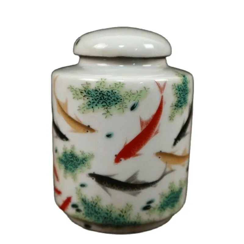 

Chinese Old Porcelain Pastel Fish Fun Pattern Lid Jar Receiving Pot