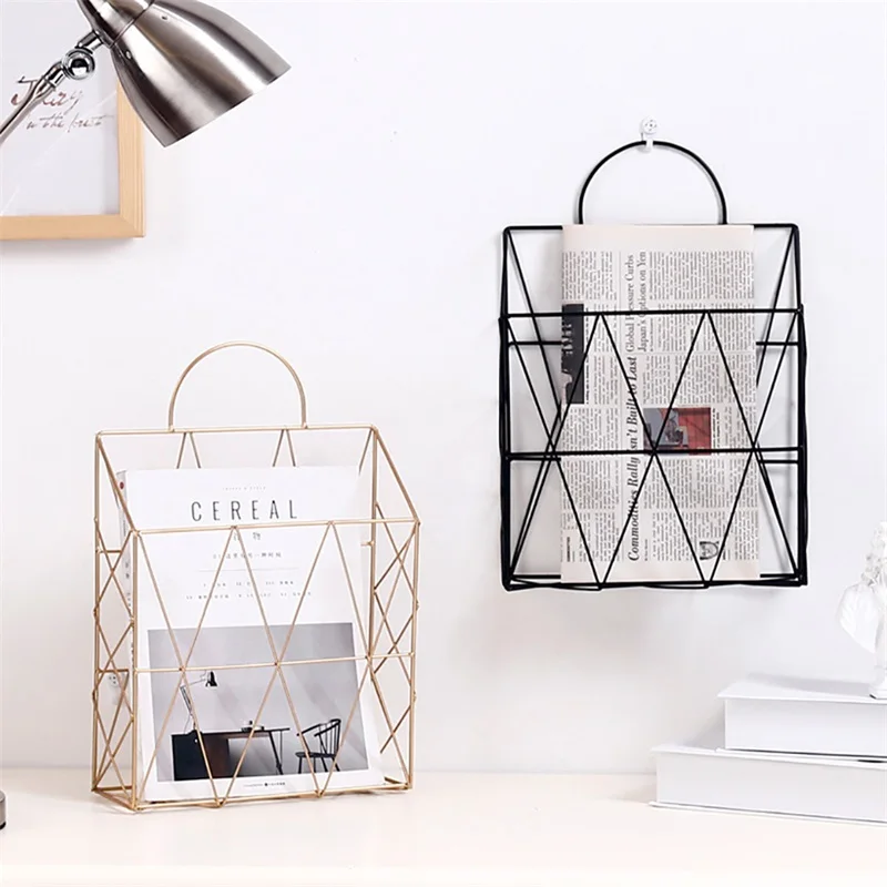 

Nordic Metal Iron Desktop Books Magazines Newspapers Storage Holder Portable Multi-functional Wall Hanging Storage Rack Basket