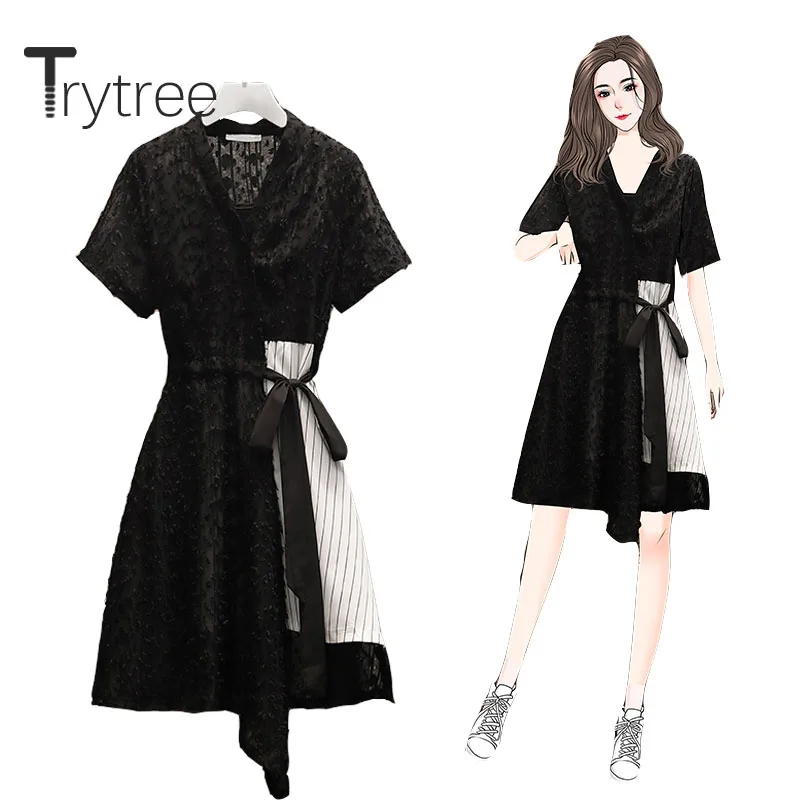 

Trytree 2020 Summer Women Two Piece Set Casual V-neck Patchwork Lace Bandage Top + Sling Dress Solid Fashion Set 2 Piece Set