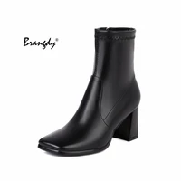 brangdy women classical style square toe chunky heel short boots black leather zipper up thick high heel ankle booties shoes