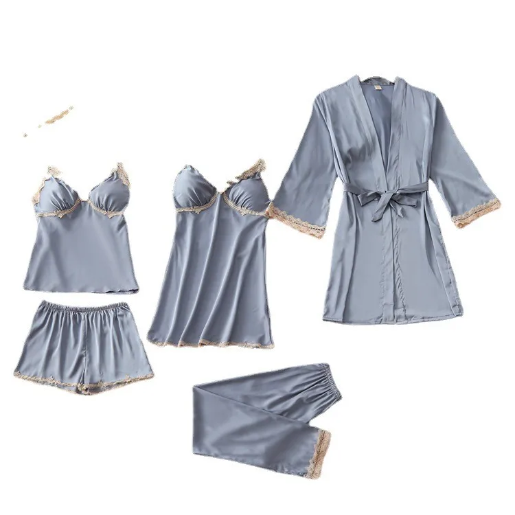 

Spring Autumn New 5PCS Pajamas Suit Women Nightgown Intimate Lingerie Loose Kimono Robe Set Satin Home Clothing Sleepwear