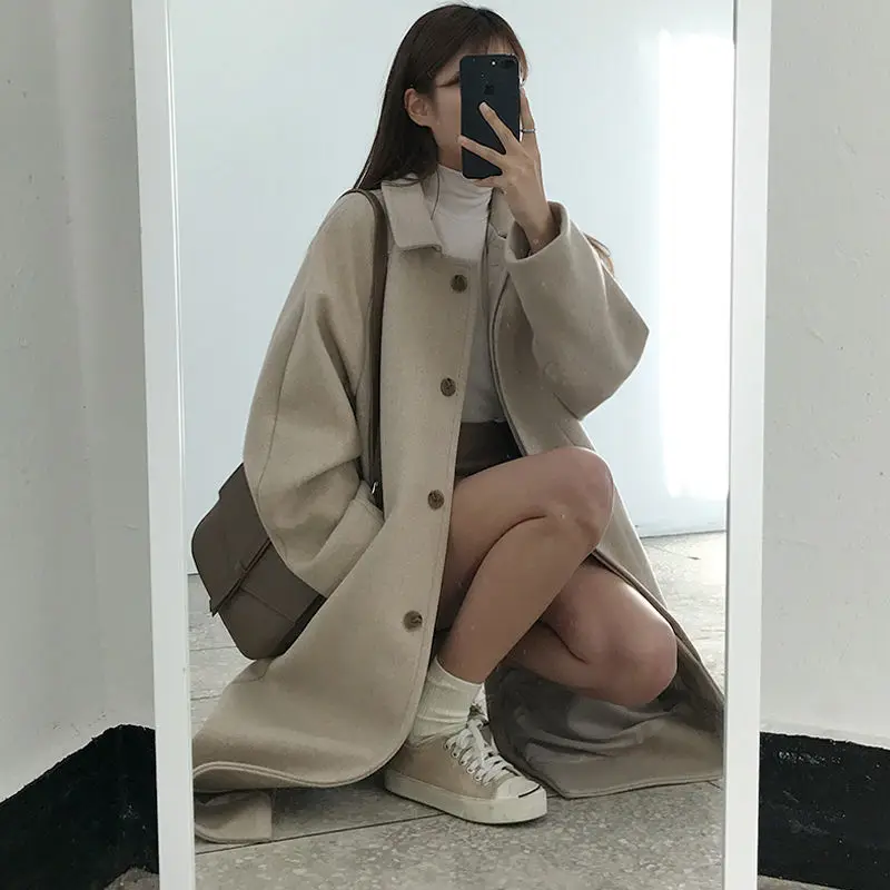 Heydress осеннее зимнее шерстяное пальто простое однотонное однобортное женское длинное шерстяное пальто с отложным воротником для отдыха