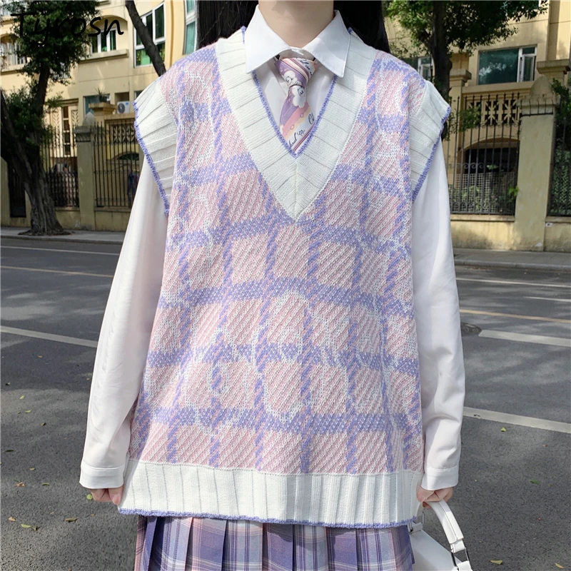 

Plaid Sweater Vest Women Sweet Purple Design Sleeveless Sweaters Japanese Preppy Style JK All-match V-neck Knit Tops Girls Chic
