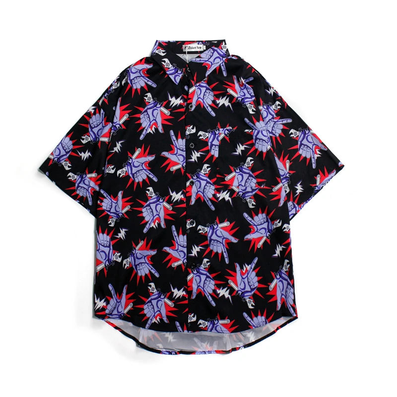 

Summer Youth Trend Women Shirt Korean Vintage Harajuku BF Style Personality Hip-Hop Full Flower Gesture Printing Loose Men Top