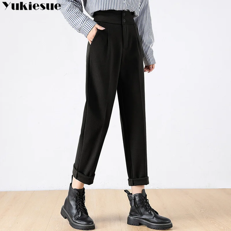 

Woolen Pants Women's Harem Pencil Pants 2021 Autumn Spring High Waisted Casual Suit Pants Office Lady Women Trousers Plus size