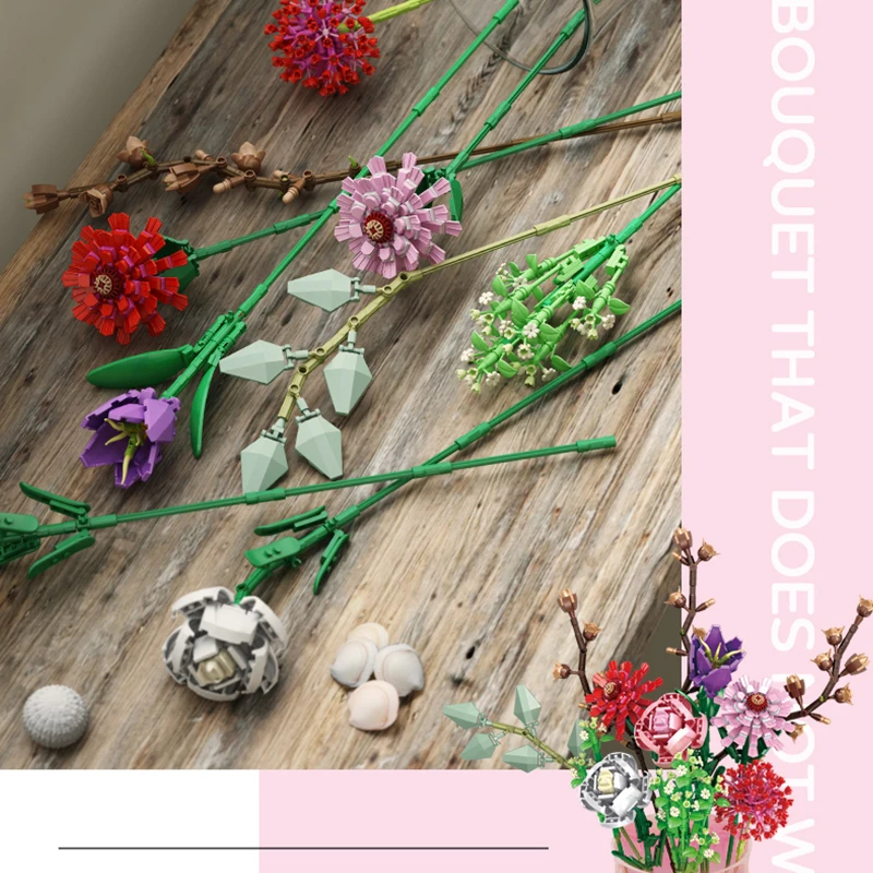 Sunflower Tulip eucalyptus leaf Flowers Bouquet Building Blocks Moc Romantic Rose Flower Bricks Diy Toys For Girl Birthday Gift | Игрушки и
