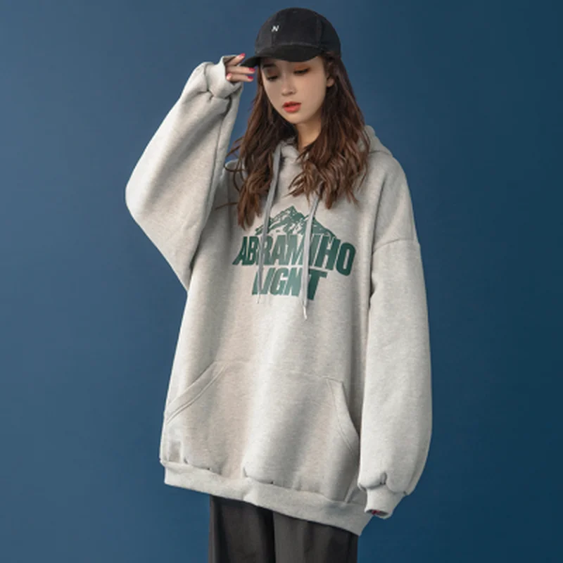 

Winter Long Sleeve Women Sweatshirts Pocket Velvet Warm Tops Creative Letter Print Hoodies Large Size Harajuku Hooded Sweatshirt