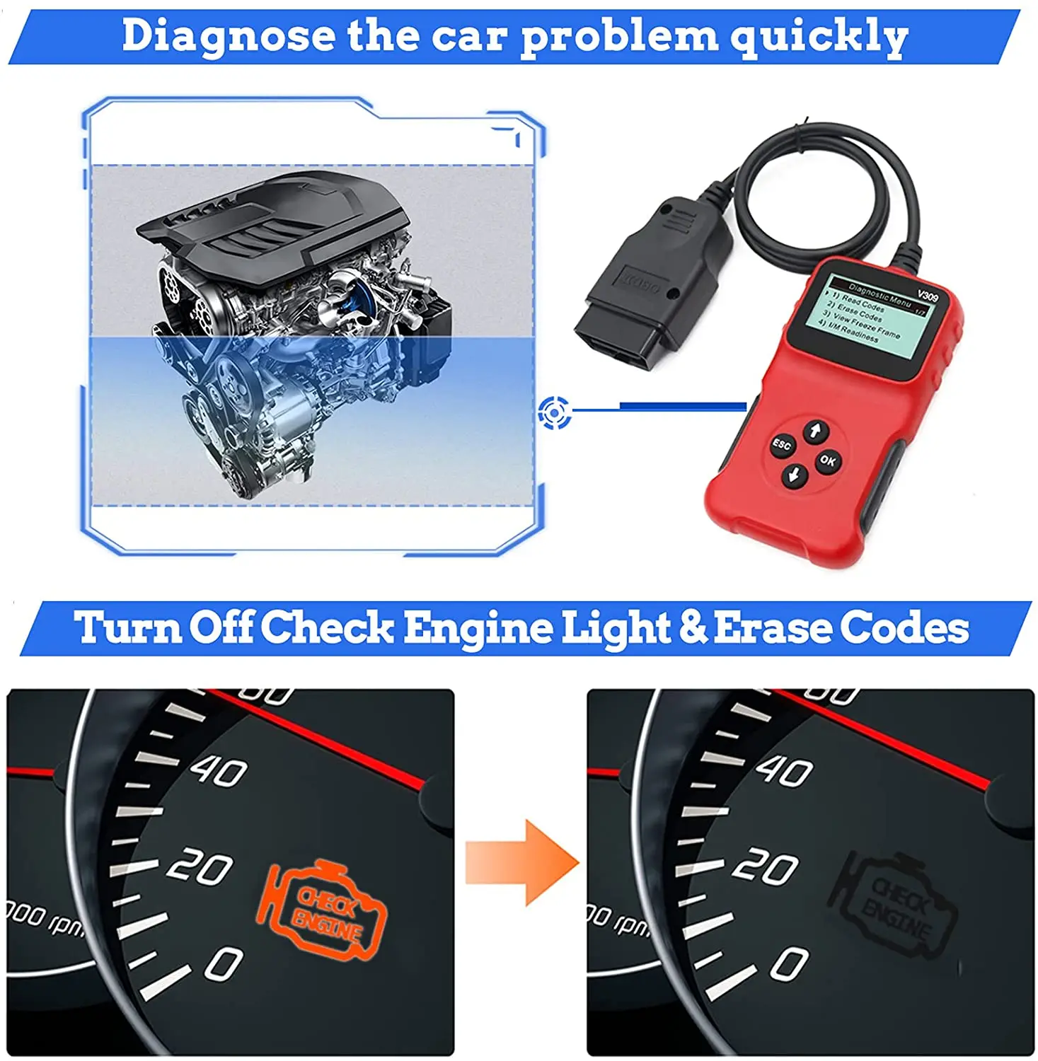 OBD V309 OBD2 Универсальный OBDII диагностический инструмент сканер считыватель кодов