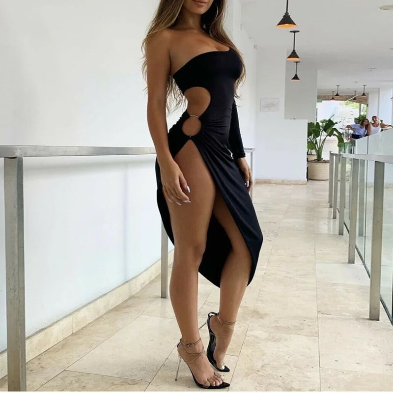 

Evening Night Dress Women One Shoulder Sexy Hollow Out Bodycon Irregular Dress Elegant Ladies Long Sleeve Split Midi Dress 2021