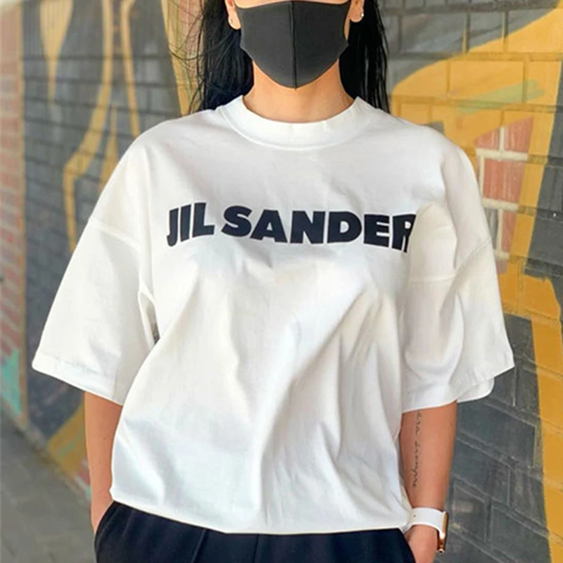 Футболка Jil Sander женская с надписью супершикарный оверсайз топ коротким рукавом