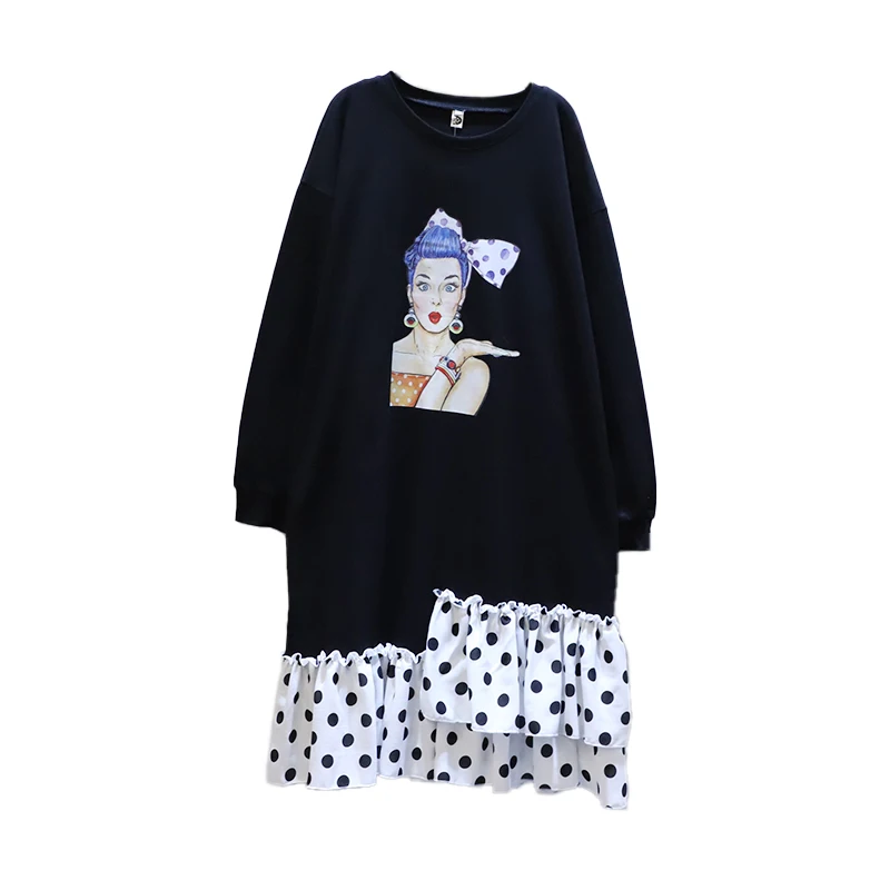 

QING MO Large Size Dress Woman 2021 Spring Autumn Wave Point Splicing Dress Casual Wild Mid-length Printing Dress Black LHXX471