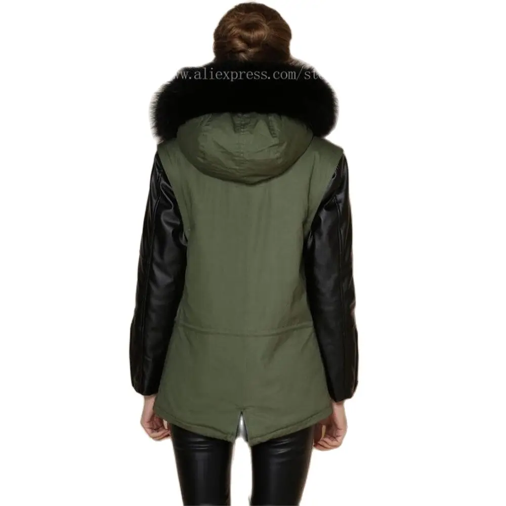 Top women's real raccoon large fur coat Full lining of black faux Army Green mr mrs Jackets Leather Unisex | Женская одежда
