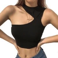 sexy tank top black halter crop tops women summer asymmetrical digging shoulder navel t shirt casual female sleeveless top