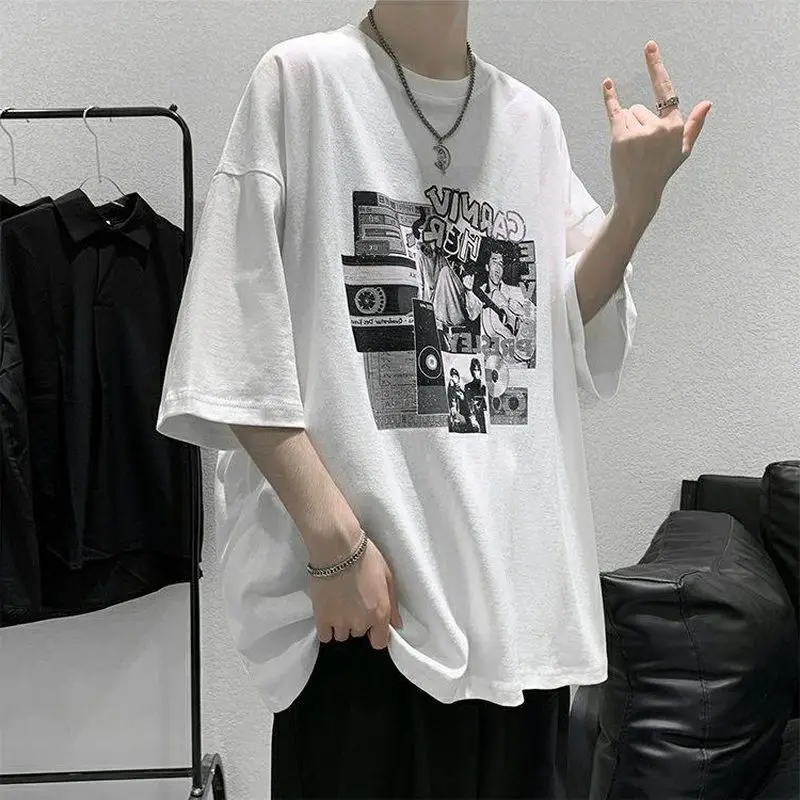 

Summer cotton t-shirt black white printing men women short-sleeved Vintage trend all-match Japan student cool streetwear shirts