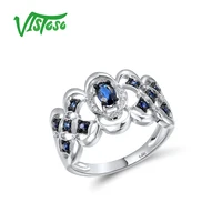 VISTOSO Genuine 14K 585 White Gold Rings For Women Sparkling Blue Sapphire Diamond Rings Elegant Glamorous Trendy Fine Jewelry