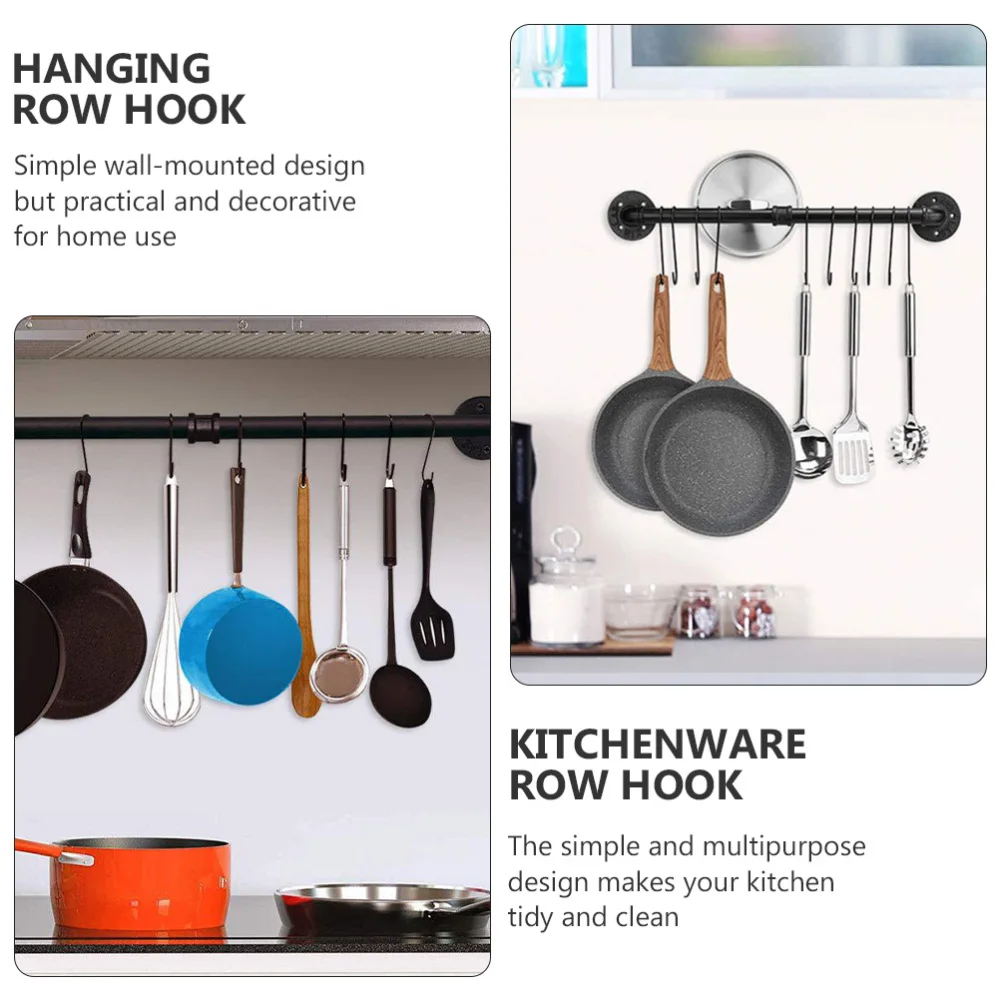 

1Pc Iron Kitchen Storage Rack Wall Mount Utensil Rack with Hooks (Black)