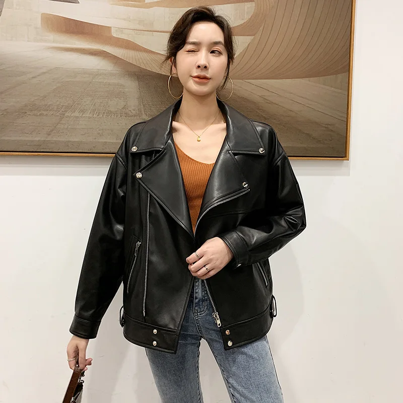 JAZZEVAR 2021 New High Fashion Street Women Real Sheep Skin Leather Jacket oversized Motorcycle Casual Jackets loose clothing