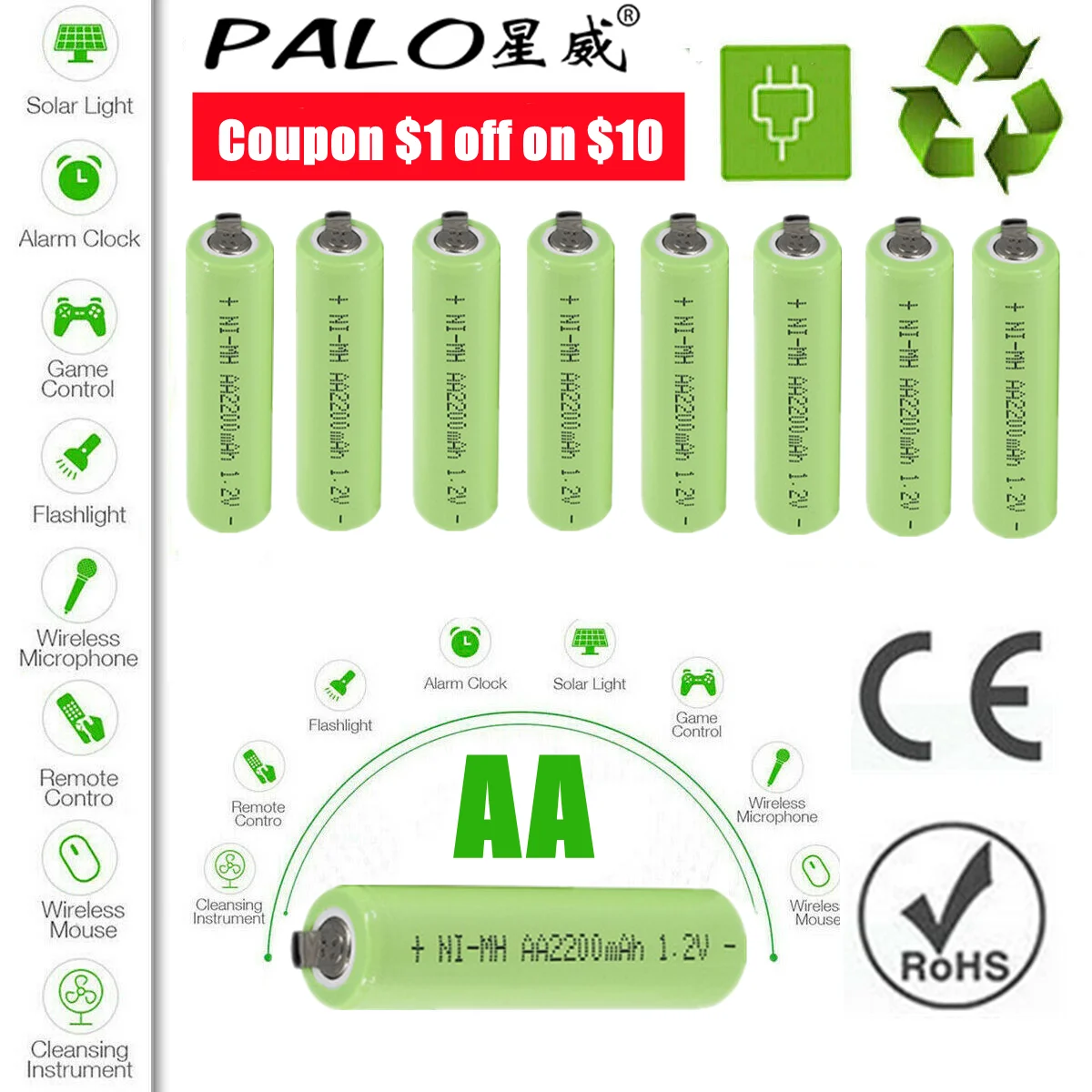 

PALO 1.2V AA Rechargeable Battery AA NiMH 2200mAh Batteries For Solar Light Cordless Telephone Electric Razor Toothbrush