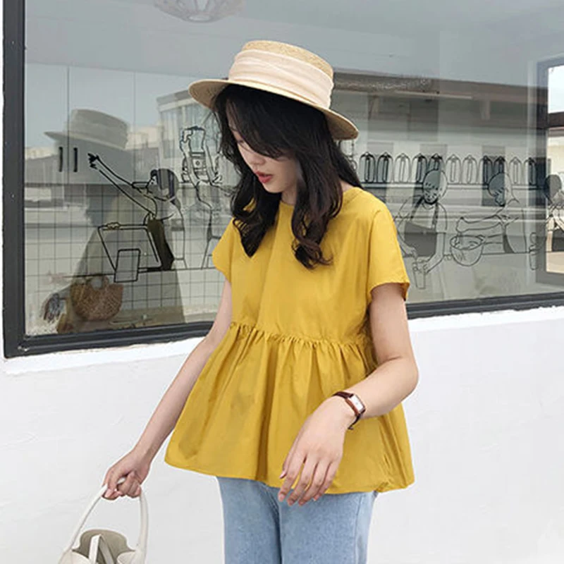 

Women Girls Summer Loose Shirt Solid Color Strapped Short Sleeve Round Neck Shirt Fluffy Hem Shirt Sweet Korean Style d8