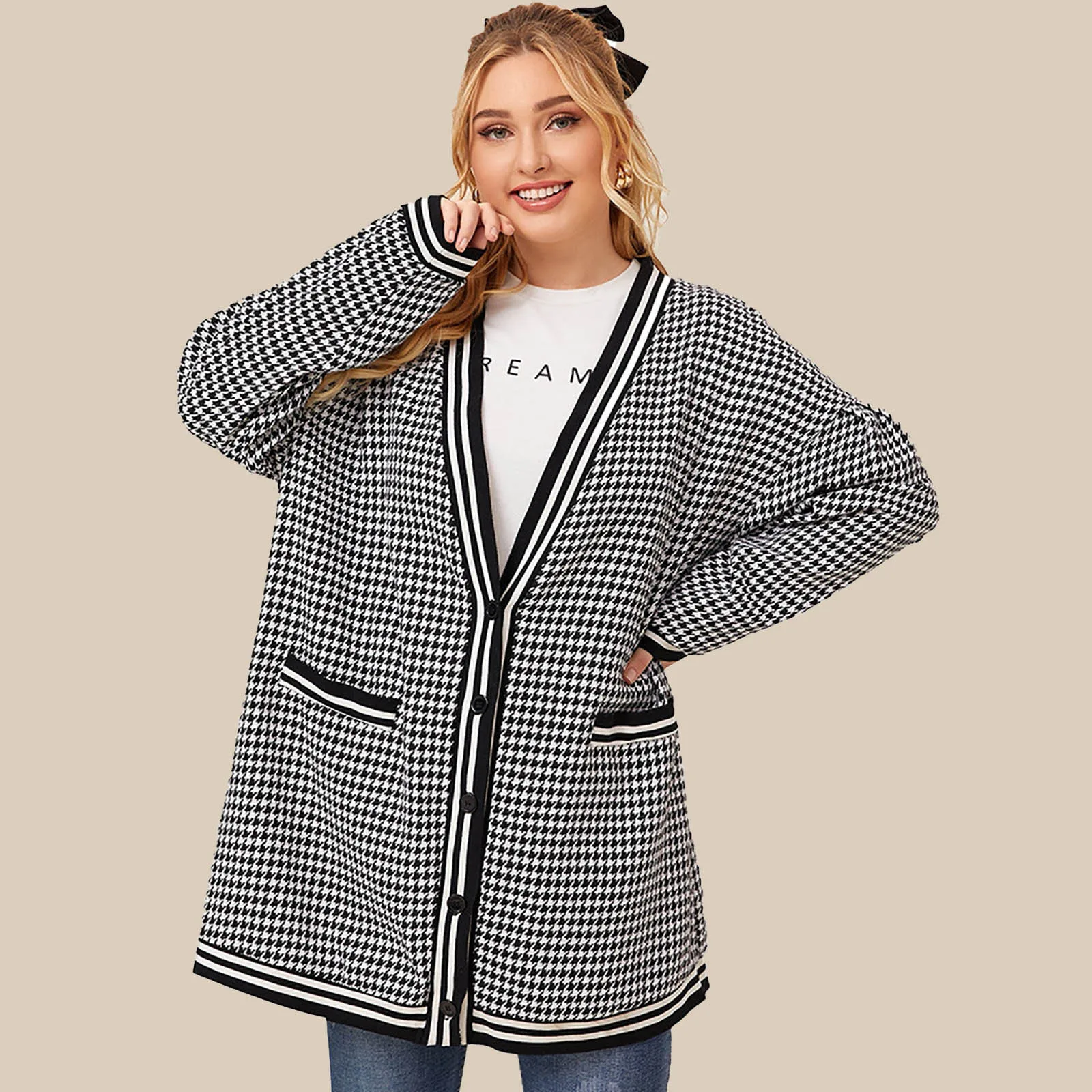 Free Ostrich Jackets Women's Fashion Plus Size Houndstooth Mid-length Loose Knit Cardigan Women Coat куртка оверсайз женская New