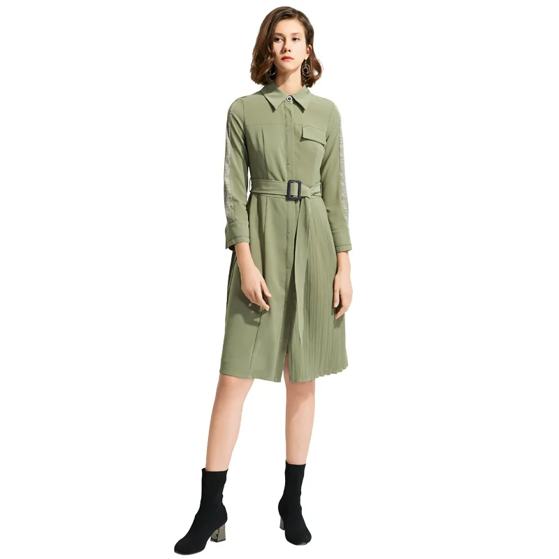 

Zoulv 2021 Spring Autumn Women's Dress Casual Polo Collar Pleated Single-breasted Midi Skirt Temperament Commuter A-line Skirt