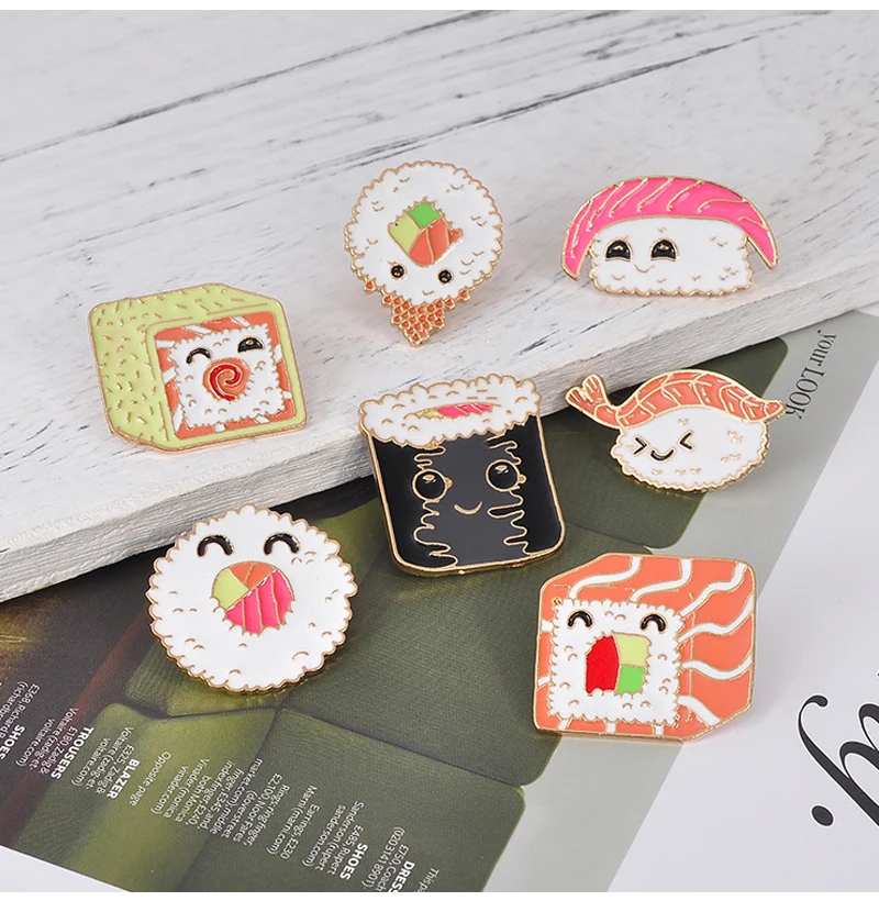 7 Style Collection Enamel Pins Brooches for Women Backpack Clothes Lapel Pin Sushi Salmon Brooch Badges Creative Cartoon Jewelry