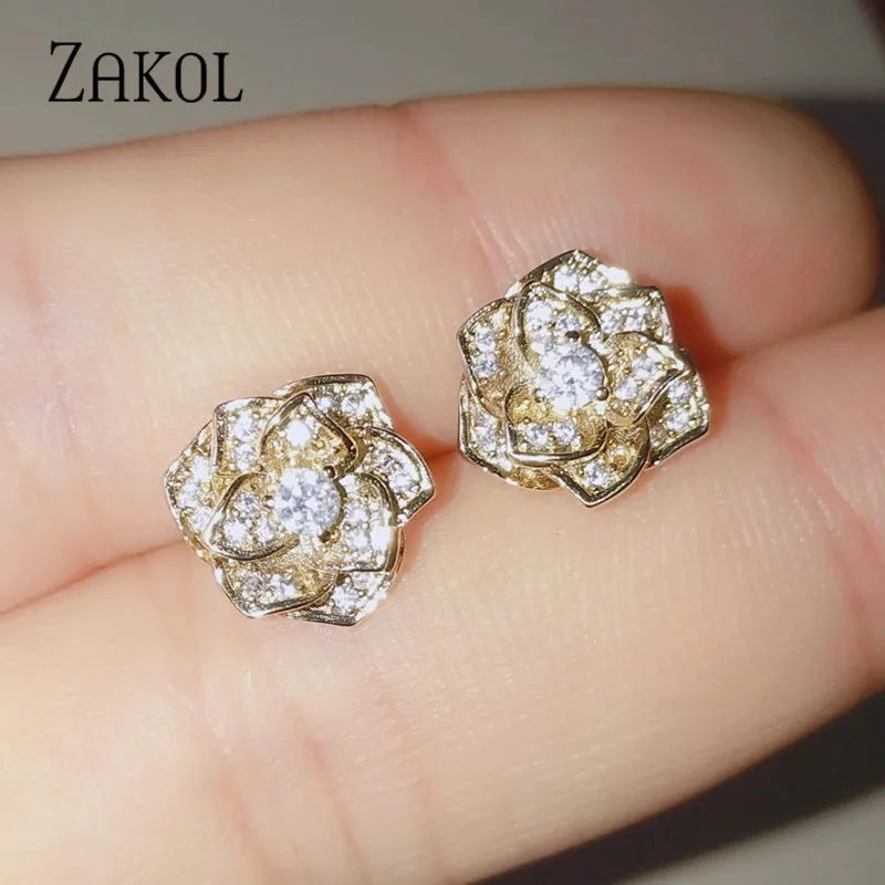ZAKOL новые модные циркониевые Кристальные розы Форма серьги со шпилькой для Для