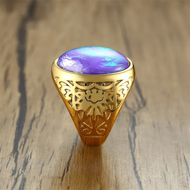 

GorGor 2020 New Arrivals Stainless Steel Opal Stone Casting Golden Trend Ring for Fashion Men Simple Jewelry Gift RC-431