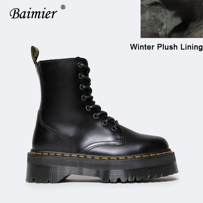 Black Winter Boots Baimier Black Patent Leather Ankle Boots For Women Lace Up Platform Boots Women Winter Warm Plush Women Boots Street Style Shoes - Цвет: Black Winter Boots