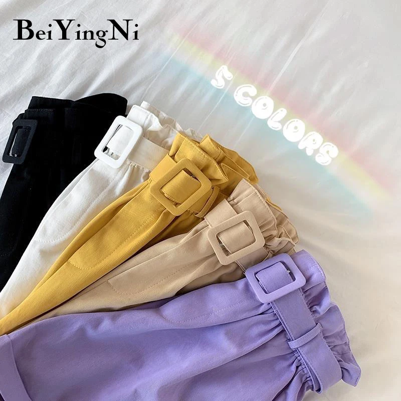 

Beiyingni Wide Leg Short Pants Women Belt Casual Korean Loose Crimping Kawaii Candy Colors 2021 Summer High Waist Shorts Female