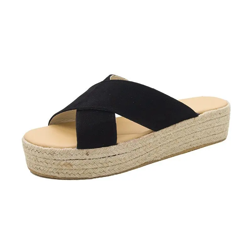 

Shoes Woman's Slippers Slides Med Platform On A Wedge 2021 Rome Cotton Fabric Basic PU Female Shoes On A Wedge Ladies' Slippers