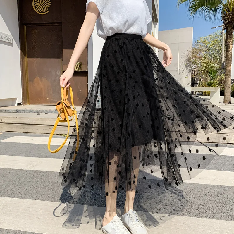 

ZAWAHIKI High Waist Korean Mesh Women's Skirts Spring Summer 2021 A-Line Mid-Calf Sweet Faldas Solid Skirt