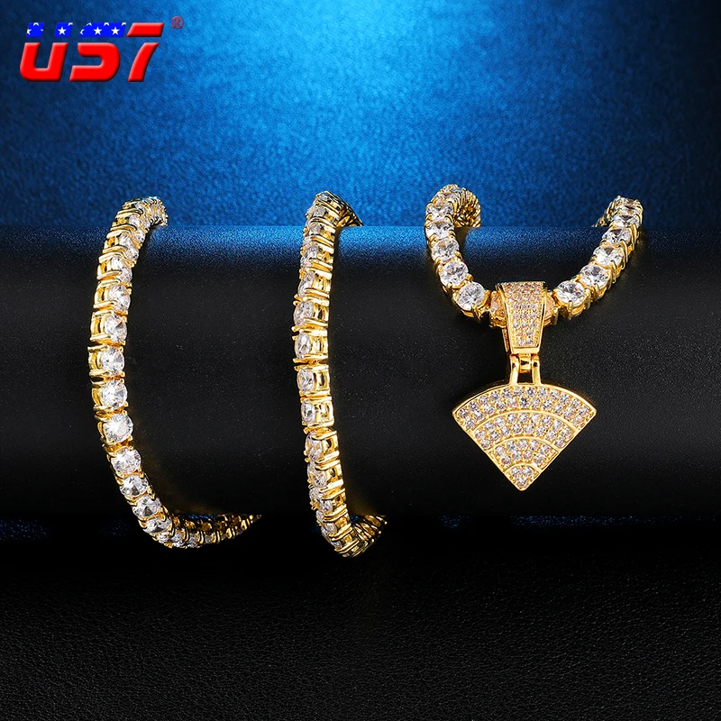 

US7 Bling Iced Out AAA+ Cubic Zircons WiFi Symbol Pendant Necklace For Man Women Hip Hop Rock Fashion Jewelry