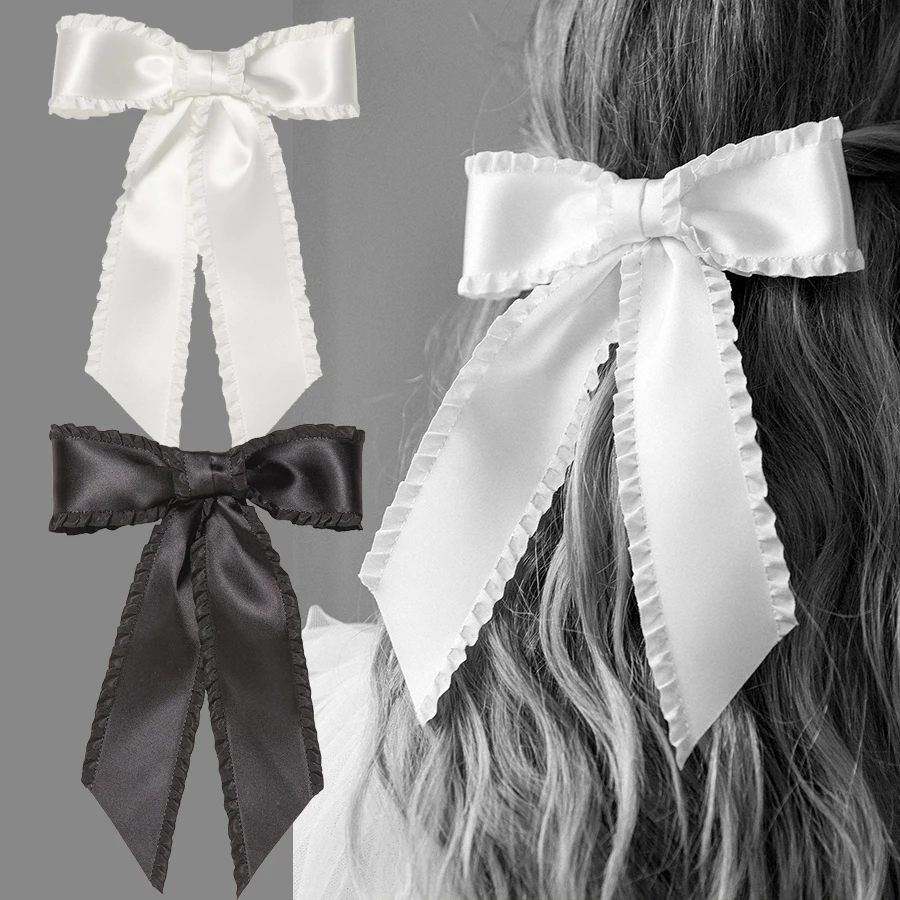 

Solid Ruffle Bow Hair Clip Sweet Korea Black White Hair Bows Hairpins Women Elegant Barrette Girls Bowknot Hair Accessories