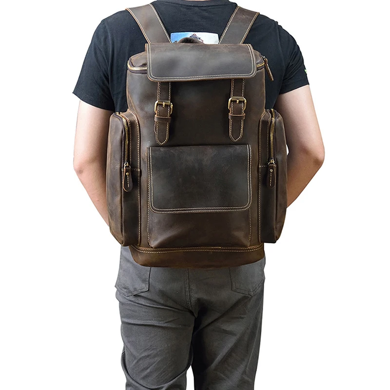 Рюкзак мужской из натуральной воловьей кожи вместительный школьный ранец для