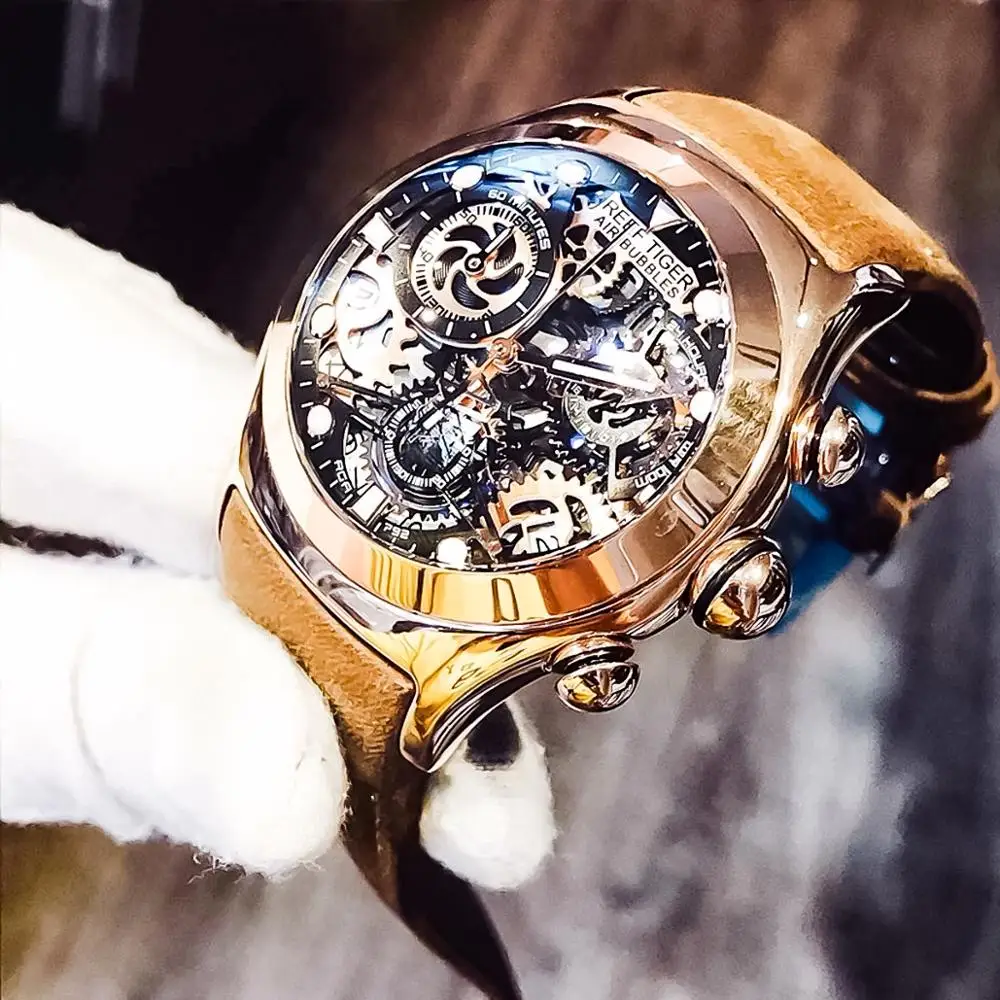 Риф Тигр/RT светящиеся спортивные часы для мужчин Скелетон черные стальные