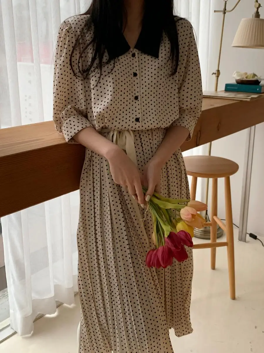 

Polka Dot Print Spring Summer Dress Vintage Women Robe Femme Casual Office Party Pleated Dresses Vestidos